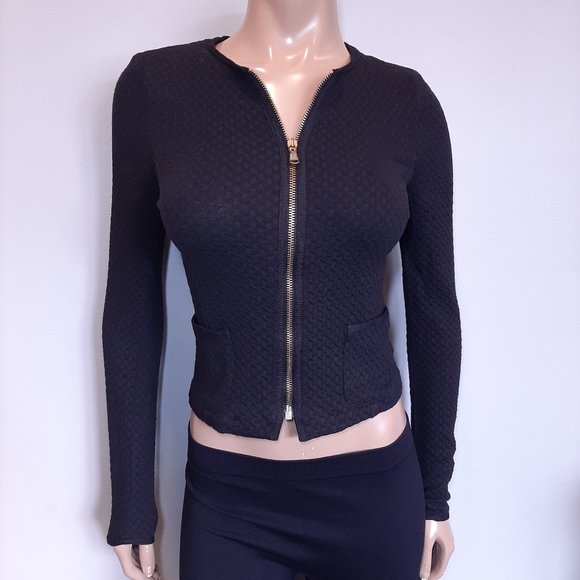 LA FEE MARABOUTEE Cropped Zip Front Blazer Jacket Fitted Collarless Textured - Picture 11 of 16